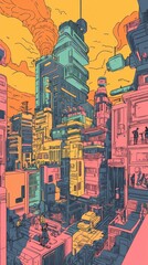 Obraz premium In a colorful urban landscape, people engage in various activities amidst tall, stylized buildings under a bright sunset sky