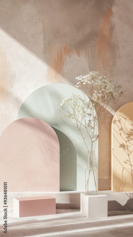 Poster soft pastel arches blend harmoniously with a clean, minimal backdrop, showcasing a delicate branch i