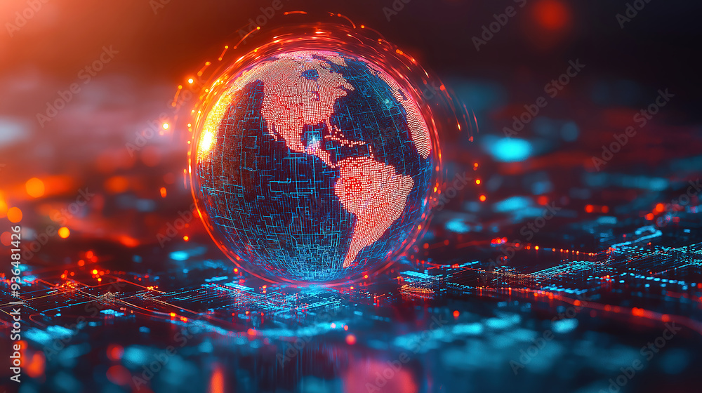 Poster 3d sphere abstract background with chaotic lines connecting dots of sphere grid