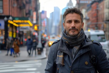 Fototapeta premium Portrait of a man wearing a scarf and jacket, walking in the city