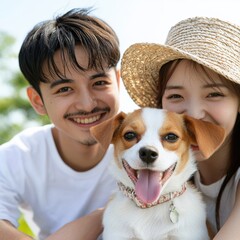 Young couple playing with their pets in an urban park