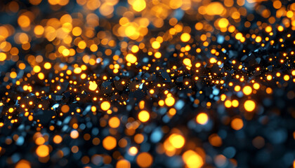 Soft bokeh of golden holiday lights shimmering on a dark background. Abstract, blurred image.