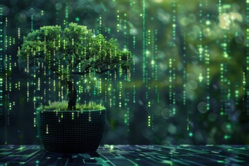 Fototapeta premium A tree emerging from a digital plant pot, symbolizing Eco Technology Technology Convergence