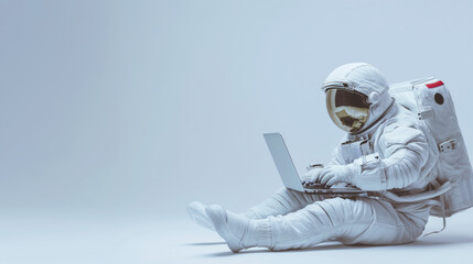 An astronaut in a white suit is seated on the floor, working on a laptop on a clean light gray background with copy space