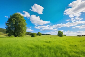 beautiful scenery In the blue sky, the plains, green fields and trees There is bright sunlight, bright colors, Nostalgia style, making you think of the past.