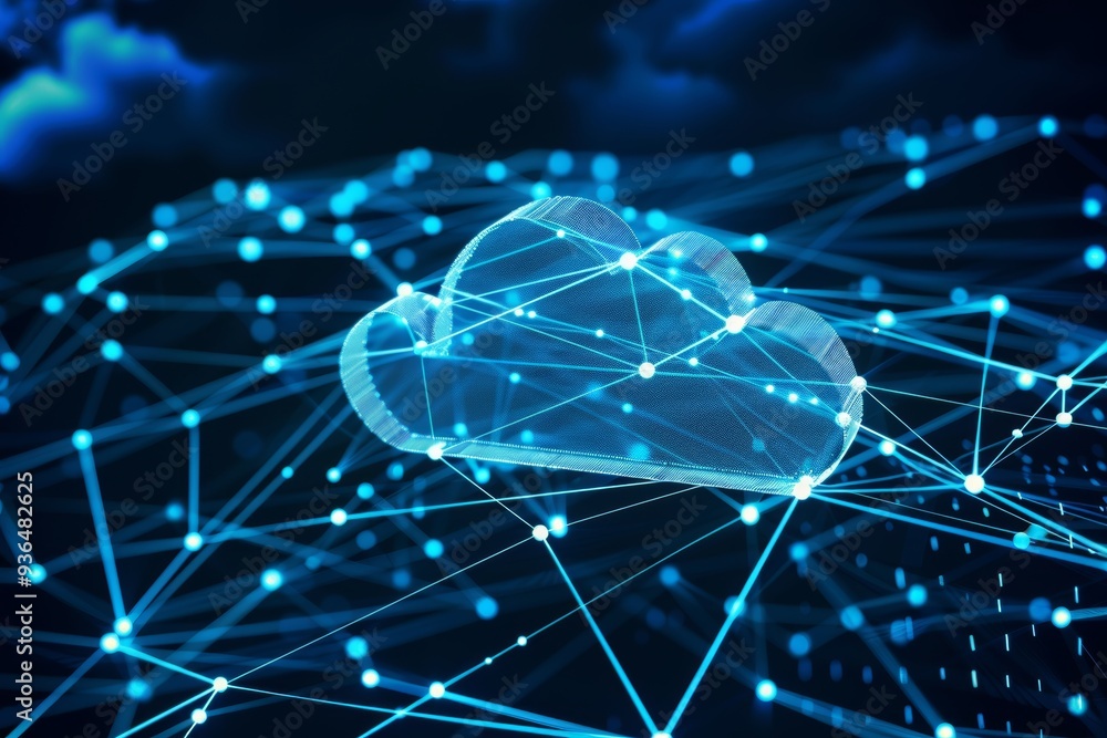 Poster cloud computing network with polygonal cloud icon symbolizing connectivity, technology, and data