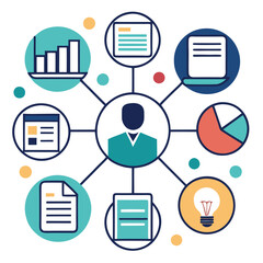High-Quality Simple Icon of Human Character with Data, Charts, and Documents in Office Setting with Innovation Symbol in Dark Green on White Background