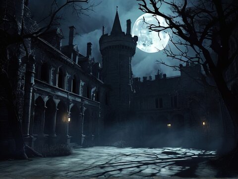 A spooky, gothic castle stands tall under a full moon, its silhouette outlined against the night sky.  The castle's courtyard is illuminated by the soft glow of lanterns
