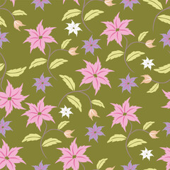 cream vector stock small flowers with green leaves pattern on green background