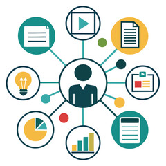 High-Quality Simple Icon of Human Character with Data, Charts, and Documents in Office Setting with Innovation Symbol in Dark Green on White Background