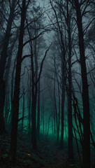 Obraz premium wallpaper featuring a dark, eerie forest with twisted trees, glowing eyes peeking from the shadows, and a faint mist in the background, all in deep, muted tones like black, grey, and dark green 