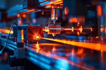 Fototapeta premium Advanced research in an optical physics lab featuring laser beams, highlighting experimentation
