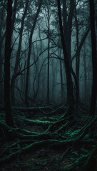 wallpaper featuring a dark, eerie forest with twisted trees, glowing eyes peeking from the shadows, and a faint mist in the background, all in deep, muted tones like black, grey, and dark green 