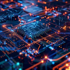 Obraz premium Synergy of AI technology, semiconductor chips, cryptocurrency trading with financial data analysis