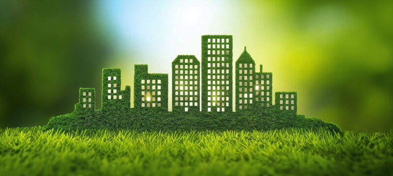 Silhouette de ville verte dans l'herbe, concept ville &eacute;cologique