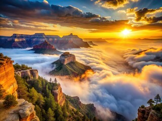Naklejka premium Ethereal dawn breaks over the Grand Canyon's majestic mountains, shrouded in a mystical veil of dense fog, with warm golden light slowly revealing nature's splendor.