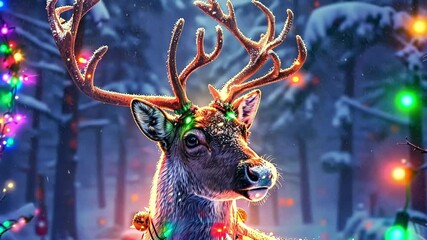 Christmas reindeer with decorative Christmas lights. Sparkling lights with deer and snowfall in winter landscape. Merry Christmas Holiday - Powered by Adobe