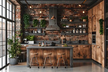 Modern Rustic Kitchen with Exposed Brick and Wood Accents