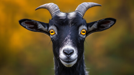 Fototapeta premium Close-up of a black and white goat with eye-catching yellow eyes, surrounded by a slightly blurred background.
