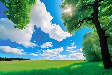 beautiful scenery In the blue sky, the plains, green fields and trees There is bright sunlight, bright colors, Nostalgia style, making you think of the past. computer wallpaper