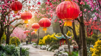 Obraz premium Vibrant Chinese New Year lanterns amidst blooming trees in a tranquil garden, perfect for travel and tourism
