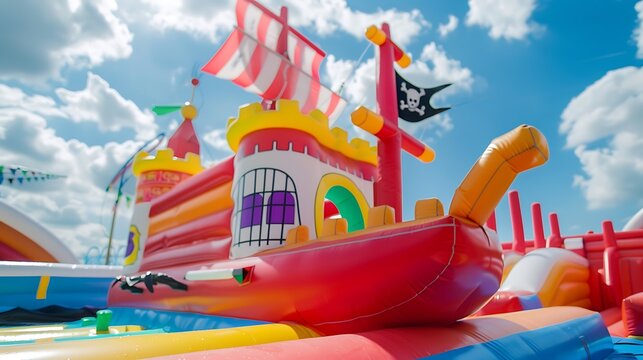 Vibrant inflatable pirate ship castle at an outdoor amusement park, perfect for children's birthday celebrations and playful fun