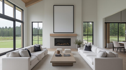 Frame mock up above fireplace | Spacious living room with Scandinavian decor and neutral colors | Large windows providing views of lush green outdoor landscape