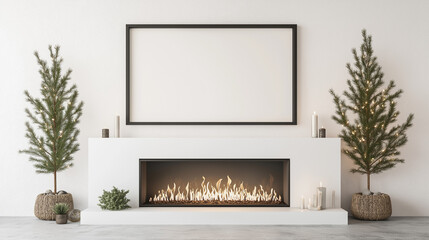 Frame mock up above modern fireplace | Minimalist holiday decor with evergreen trees and candles | Scandinavian style interior with simple, clean design elements