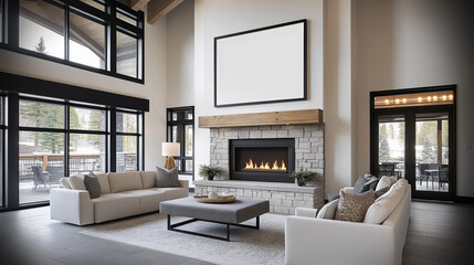 Frame mock up above stone fireplace | Luxurious mountain cabin interior with modern decor | Large windows, winter scenery, and cozy seating arrangement