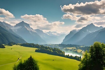 Beautiful scenery on mountains, meadows and blue trees. There is a blue river warm sun The sky is clear.