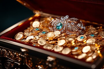 A close-up of the rich materials of a treasure chest's interior, showing red velvet lining, gold coins, and sparkling gemstones carefully arranged