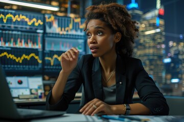 Fototapeta premium Young Financial Analyst in Office at Night