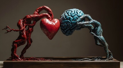 Red and Blue Tree Sculptures Holding a Heart