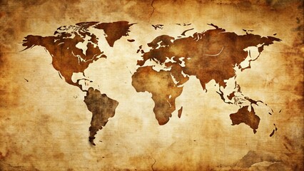 Faded, creased, and worn, an aged world map from a bygone era, adorned with nostalgic stains and tears, evoking a sense of adventure and forgotten discovery.