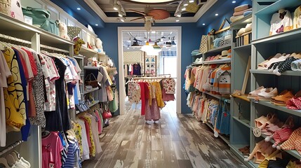 Contemporary fashion boutique with an array of stylish clothes for all ages, including eye-catching baby and children's clothing on colorful displays