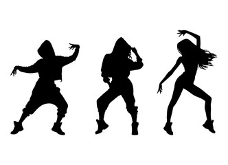 Vector illustration. Set of hip-hop dancer girls. Black silhouette on white background.
