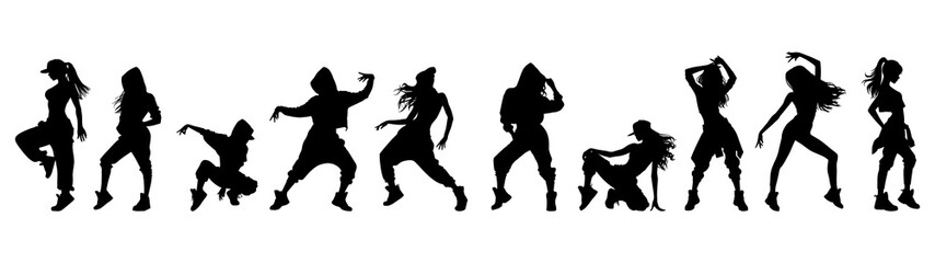 Vector illustration. Set of hip-hop dancer girls. Black silhouette on white background.
