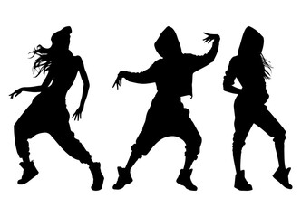 Vector illustration. Set of hip-hop dancer girls. Black silhouette on white background.
