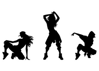 Vector illustration. Set of hip-hop dancer girls. Black silhouette on white background.