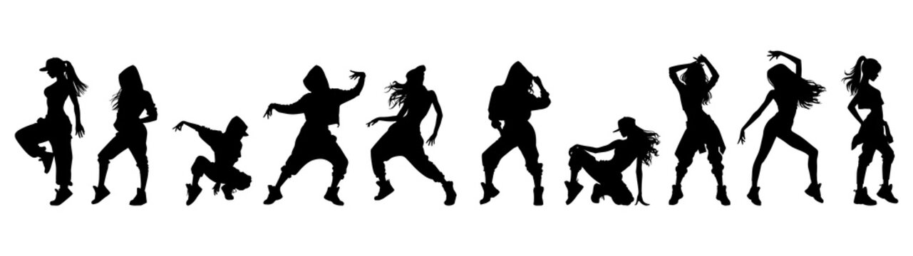 Vector illustration. Set of hip-hop dancer girls. Black silhouette on white background.