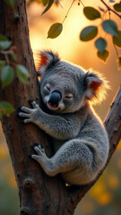 Fototapeta premium Sleepy Koala Cuddling Eucalyptus Branch at Sunset with Falling Leaves