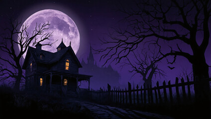 Fototapeta premium illustration of a haunted house silhouette with crooked windows, a twisted fence, and bare trees, set against a glowing, full moon background, in deep blacks and purples with eerie, glowing accents