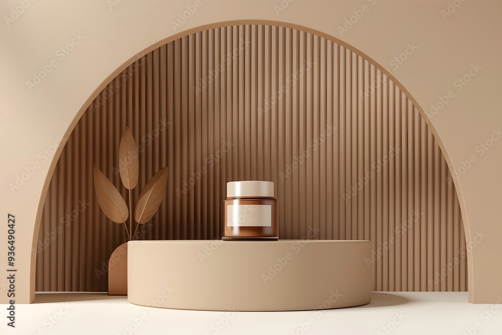 Poster elegant minimalist display featuring a skincare jar in a soft beige setting