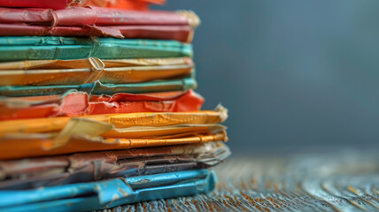 Stack of colorful, worn-out books or files on a wooden surface.