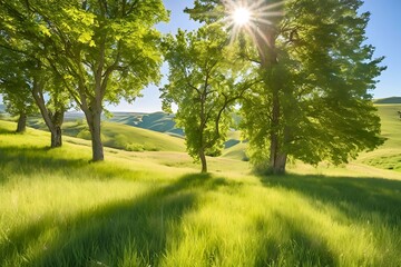 A view of the sky, trees, and fields, with warm sunlight.