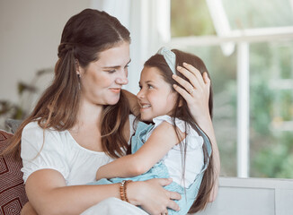 Mom, embrace or happy girl child in home on couch to relax with smile, support or care together. Family, hug and kid on sofa with proud parent, woman or mother for bonding, wellness or love in house