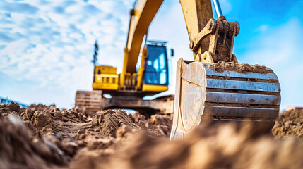 Fototapeta premium A powerful excavator works diligently, its robust arm penetrating the earth as it prepares the ground for construction. The sky is vibrant with soft clouds above