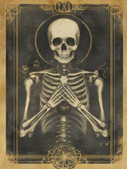 a skeleton with hands crossed on chest - tarot oracle illustration of death - generative ai