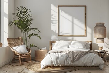 Fototapeta premium Serene and Stylish Bedroom with Natural Elements and Cozy Decor