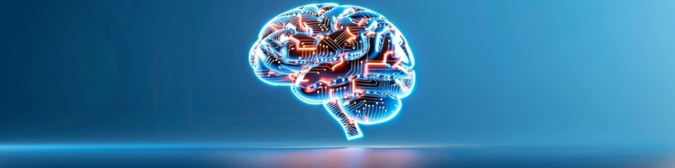blue digital brain with cuircut board pattern, Artificial Intelligence and Machine Learning, Neuroscience and Technology Integration, Transformation of Thought Processes,Data-Driven Decision Making.  